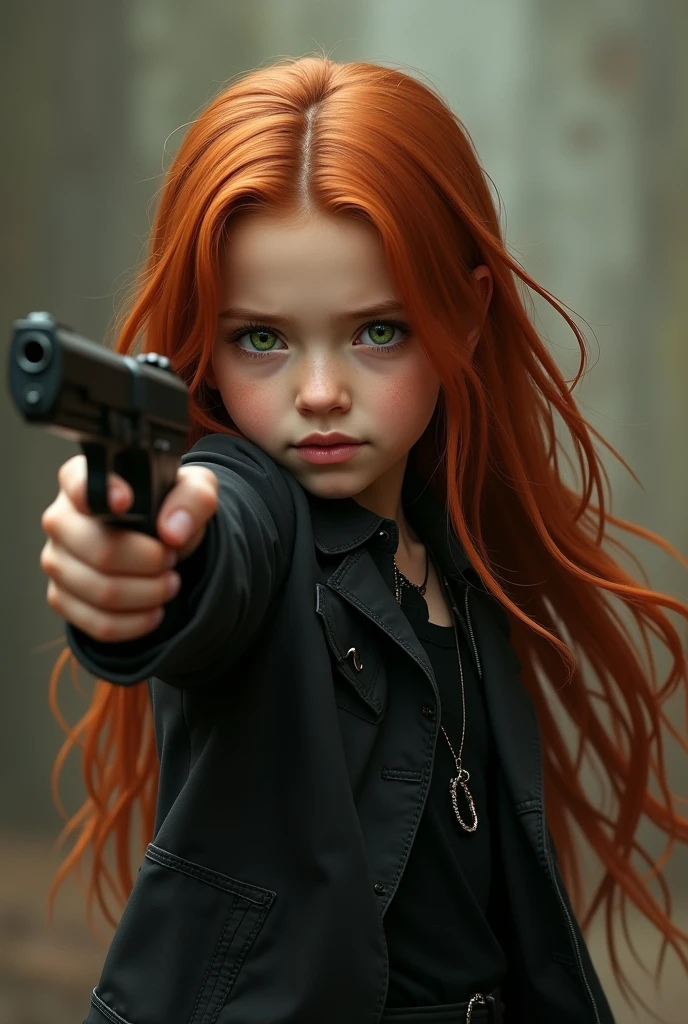 Girl of approximately 2, with long copper-colored hair, green eyes, dressed in black, with a siren and dominant look while holding a gun in her hand. that it be as realistic as possible