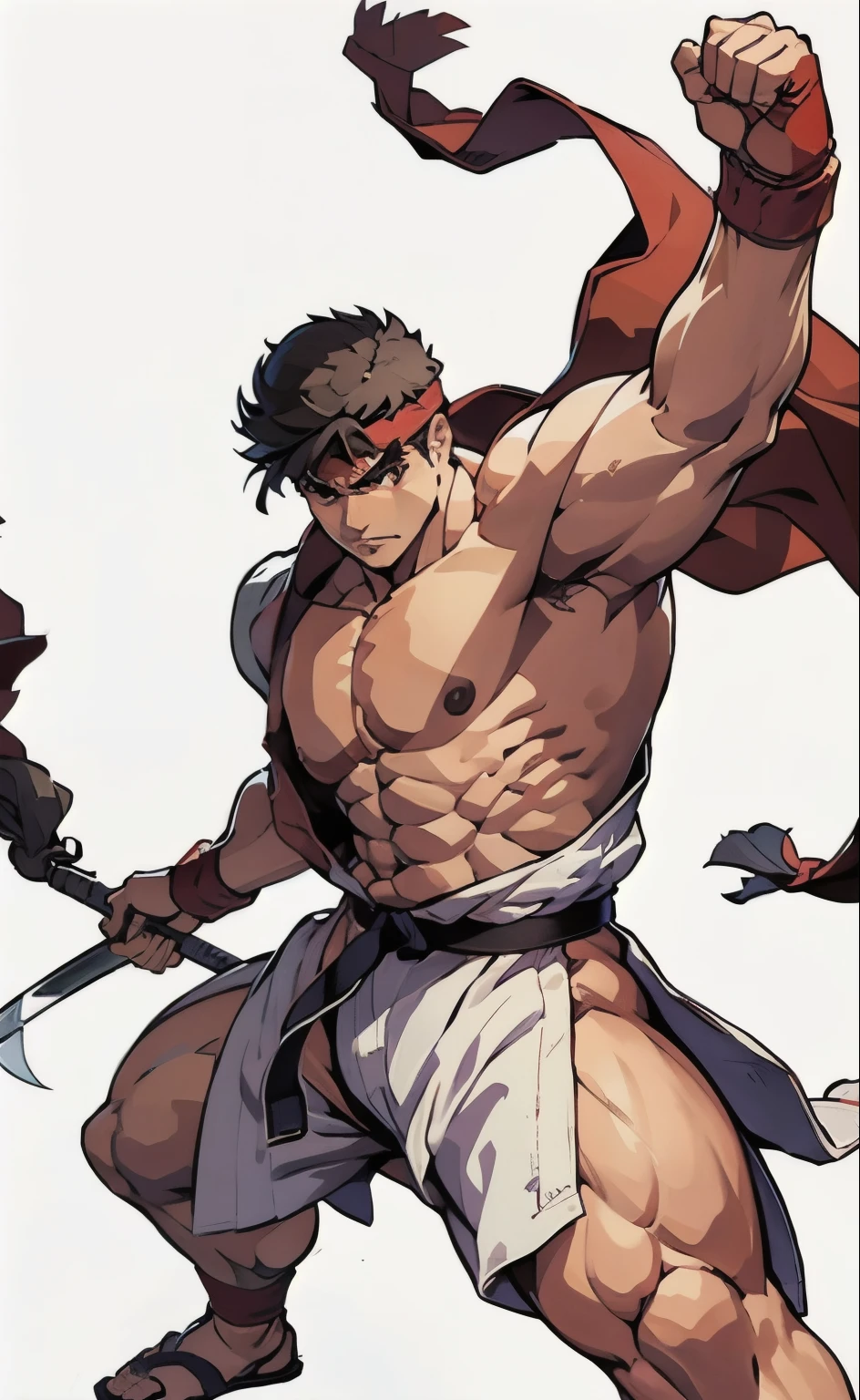 ryu shirtless and with his swords in a very strong heroic pose big strong chest almost naked without clothes