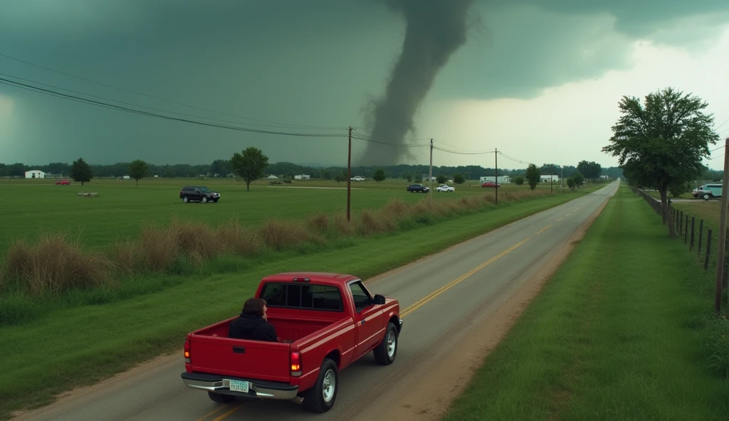 It's a drone footage of a man and a woman in a red pickup truck who try to stop a tornado that's coming to town in a way that destroys a lot of things.
