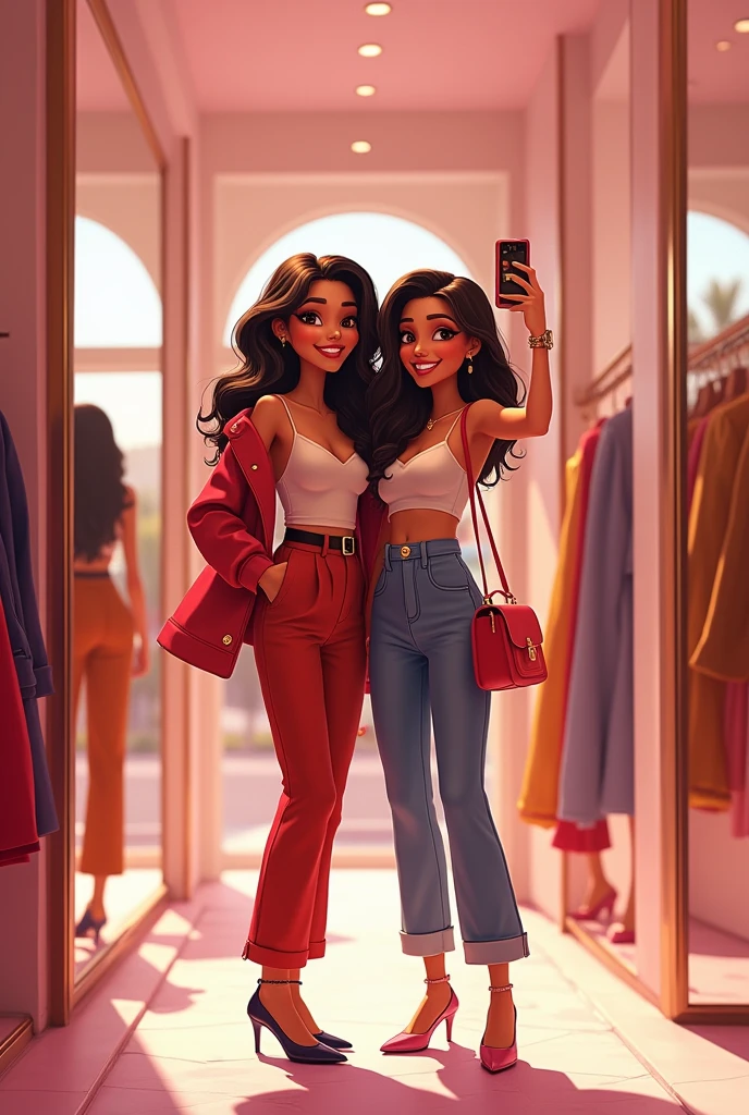 create a pixar drawing of Two women are taking a selfie in a store with a mirror, modeling for candy and gabanna, profile image, isabela moner, instagram picture, beautiful girls, sisters, taken at the beginning of 2020, alena aenami and lilia alvarado, instagrampost, selfie no instagram, gorgeous faces, instagram story, charli bowater and artgeem