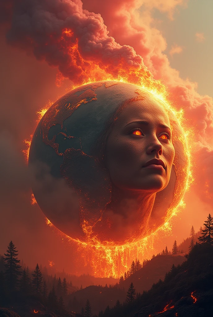 ultra realistic image of mother earth gaia containing the flames of the fires on planet earth, more specifically in Brazil, convey depth, in the background pink smokes