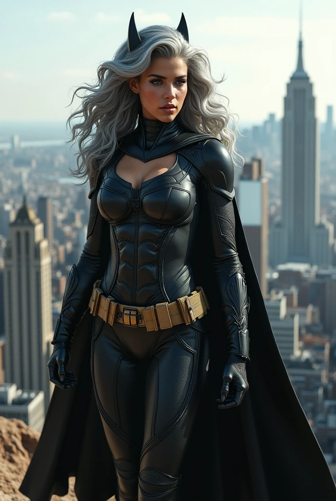 A beautiful youthful looking Hispanic version of a gray haired Ariana Grande as a 50 years old woman with long her completely gray hair in a big curls styles as the superhero batwoman wearing a batwoman costume standing on top of a hill overlooking a big city
