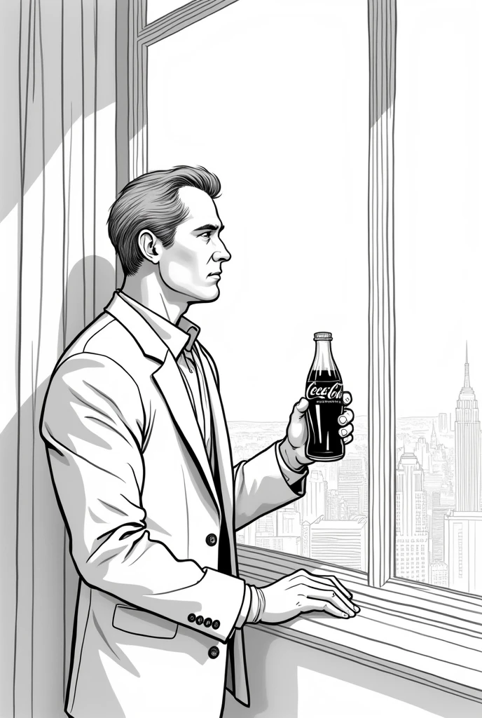 Line ink drawing of a man looking at the landscape from the window of his luxury apartment with a glass of soda coca-cola in his hand, strip-style composition, precise and clean lines, high contrast black and white, reminiscent of graphic novels, detailed cross-hatching for shading, architectural precision in depicting the window frame and cityscape, emphasis on negative space, minimalist yet expressive facial features, elegant suit rendered with careful attention to fabric folds, coca-cola glass drawn with distinctive contours, subtle background details suggesting a luxurious interior, inspired by the clean line work of artists like Hergé or Moebius, enhanced with fine linework to convey texture and depth.