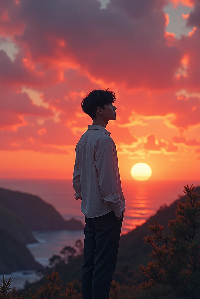 A boy looking at a sunset in aesthetic clothes listening to the album(A summer without you by bad bunny) 