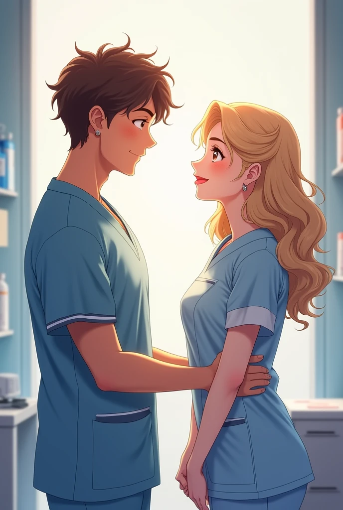 Man with short curly hair and woman with curly hair couple of anime professional nurses