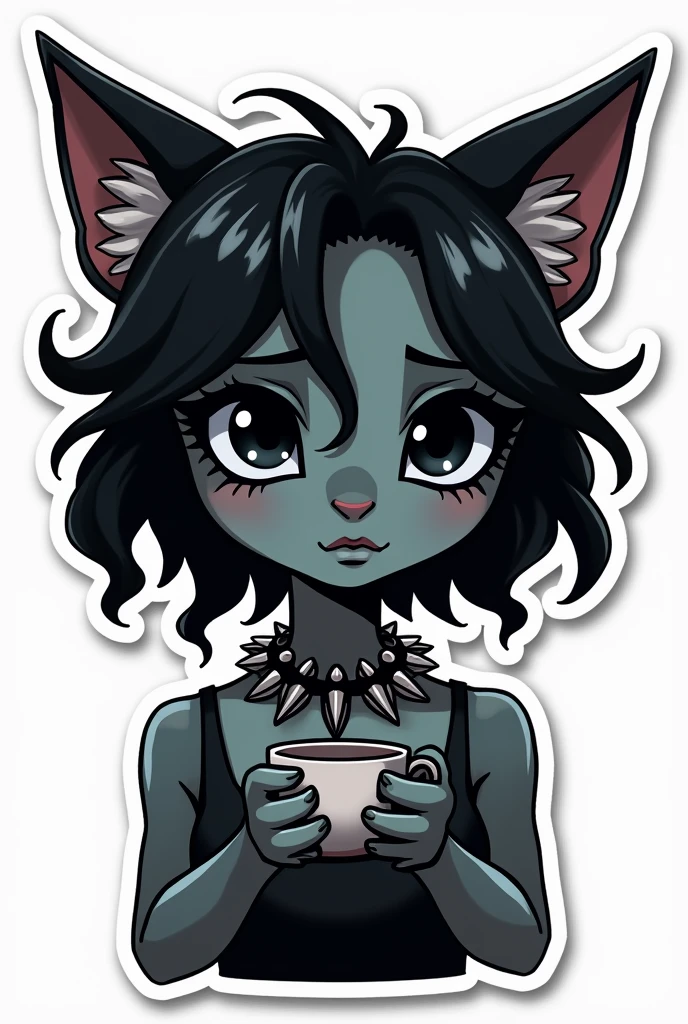 I want to create a series of stickers for WhatsApp and Telegram where the character has dark skin, eyes black, wavy black hair, Cat's ears, cups, and a spiked necklace around his neck.