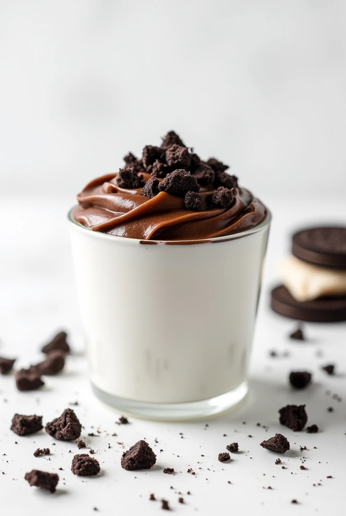 Homemade chocolate and caramel spread in a white glass and chopped oreo cookies on top