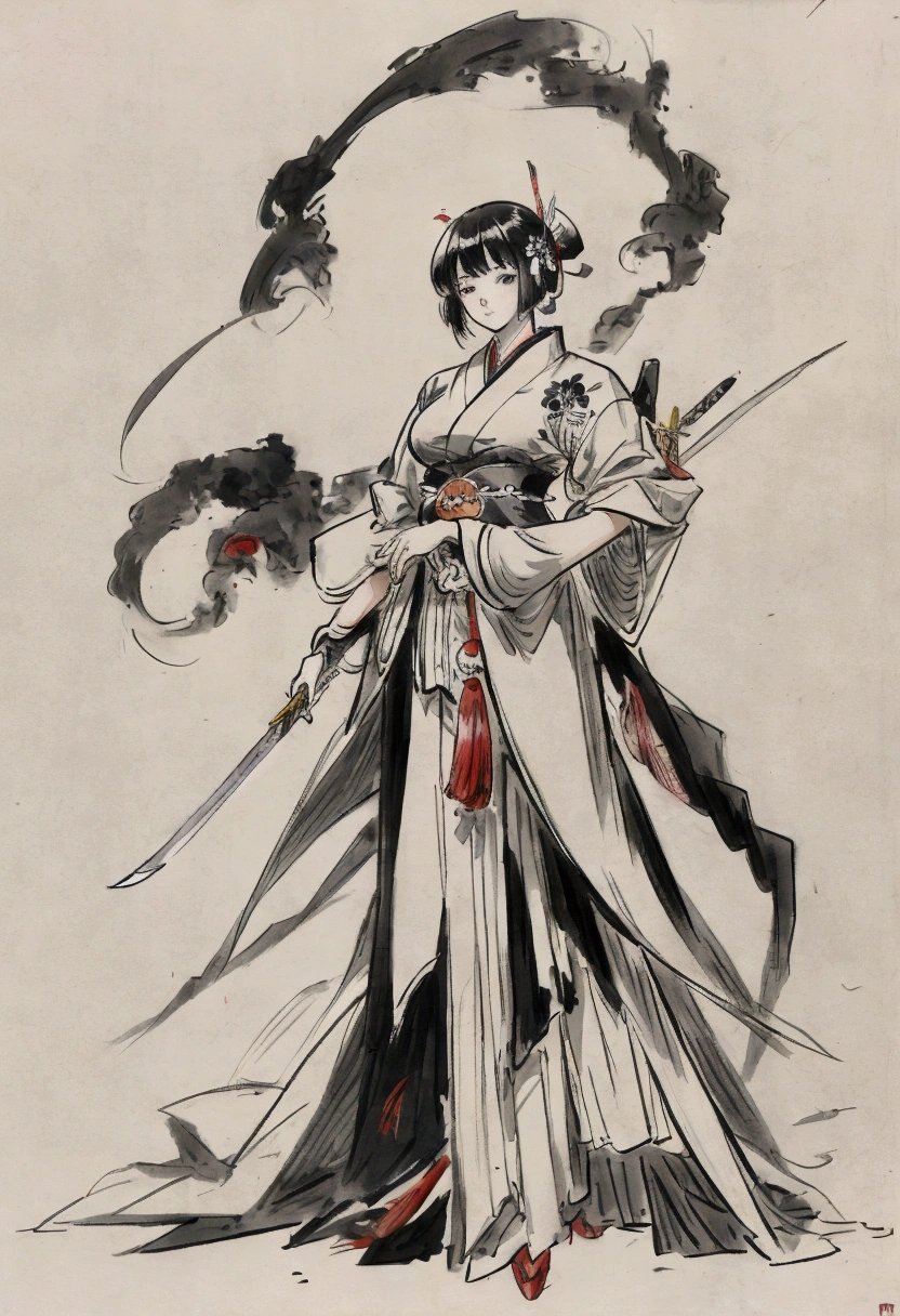 Anime Character Design Anime Character Reference Sheet Concept Character black and white manga style Taisho Romance action Japanese sword full body woman