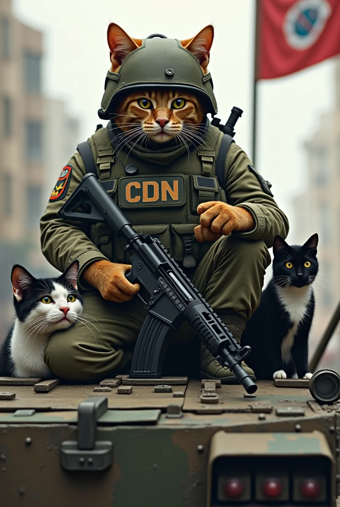 A cat with an AK in his hand, a bulletproof vest with the letters CDN, a modern military helmet and camouflage clothing on top of a narco tank with a beret seen with the flag of the Cartel del Noreste and a black and white cat, a black cat behind him, has a truck with steel plates.