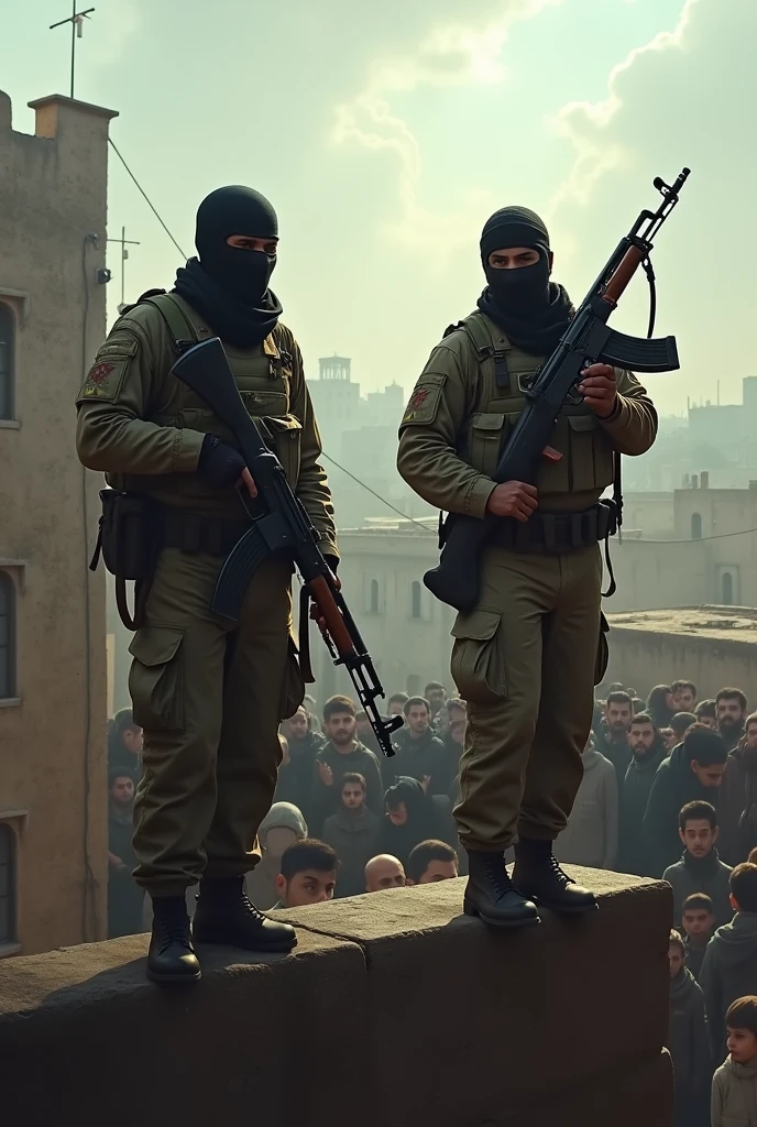 2 Men with Kalashnikovs on the Walls of Diyarbakir, People Are Looking at Them