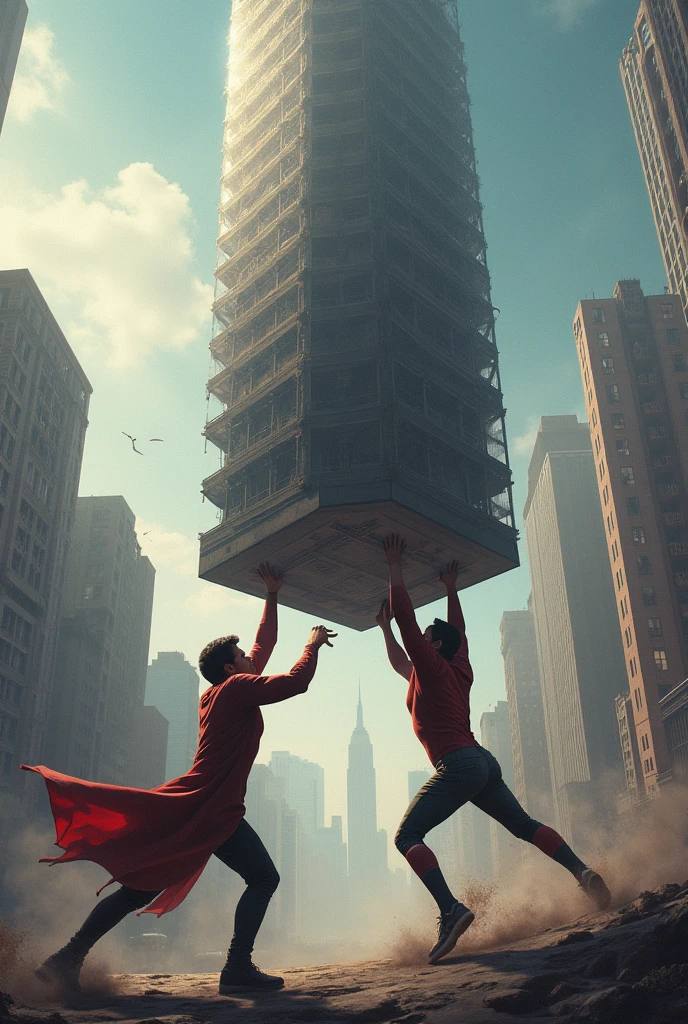 A person with super powers lifting a building a normal person tries to hit him

