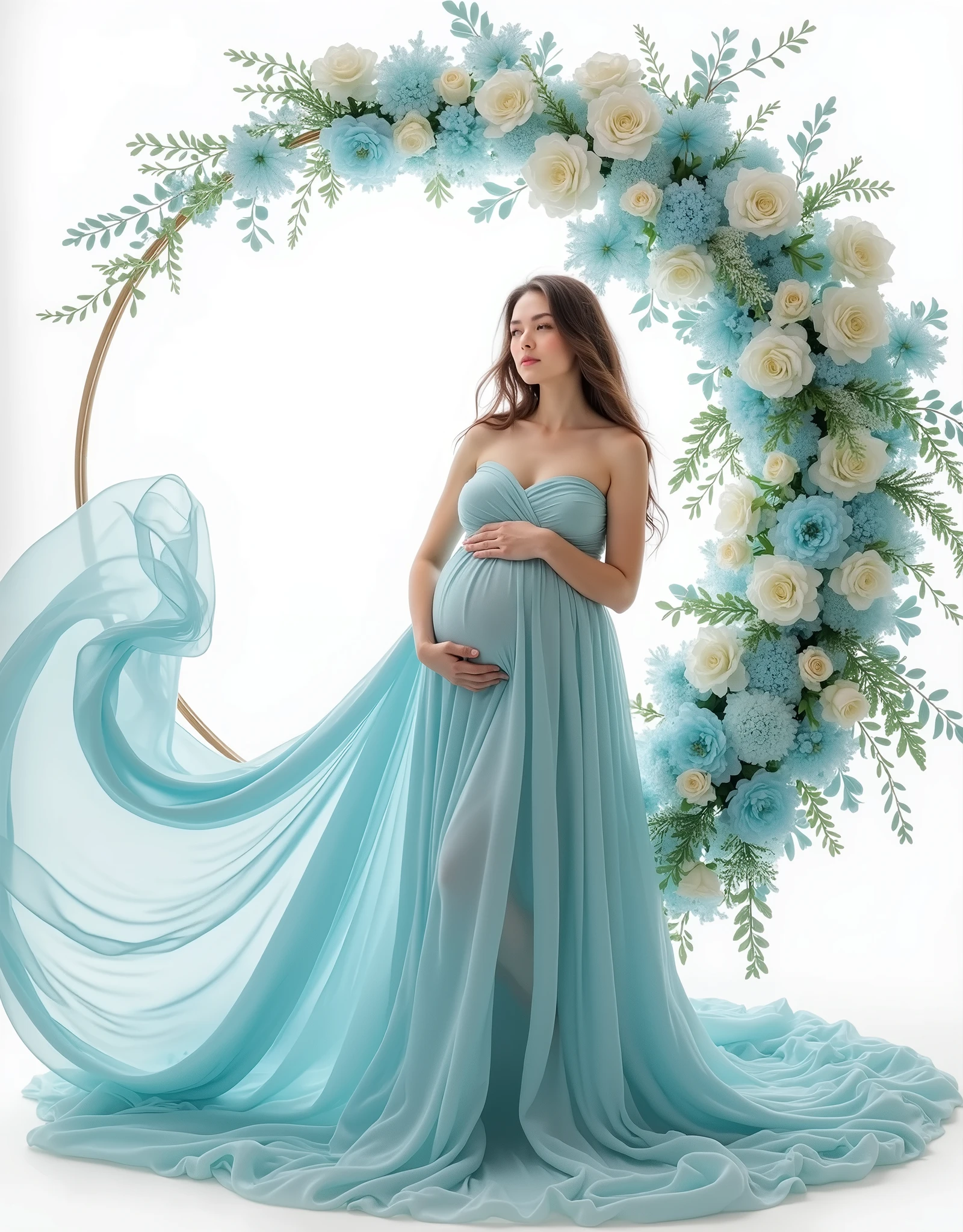 pregnant woman in blue dress standing in front of a floral wreath, a colorized photo by Marie Angel, pinterest, art photography, maternal photography 4 k, cyan photographic backdrop, light blue dress portrait, flowing gown, beautiful flowing fabric, blue swirling dress, sky - blue dress, ethereal and dreamy theme, wearing a flowing dress, endless flowing ethereal drapery, gown