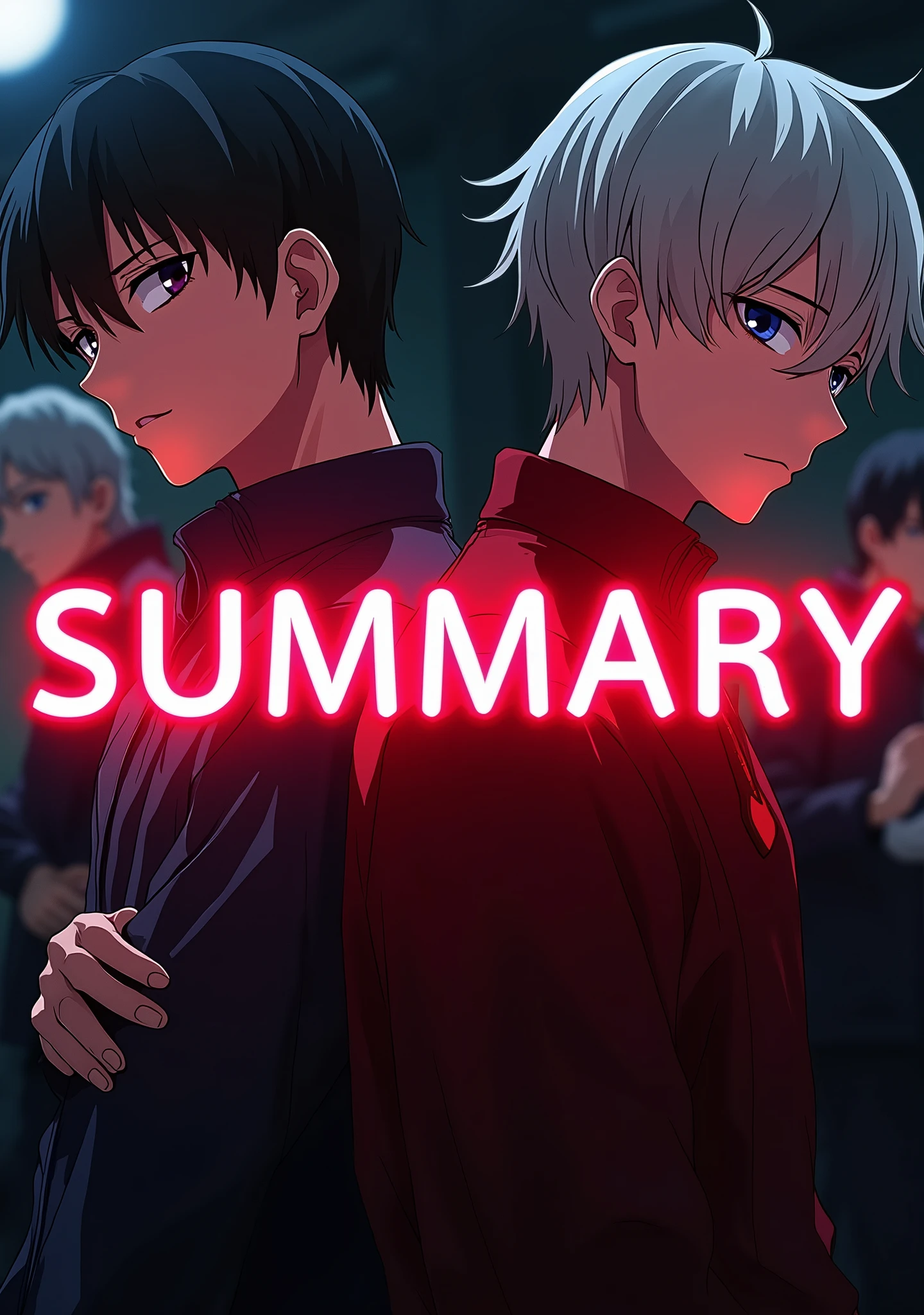 Create a thumbnail for youtube with the jujutsu kaisen cover and a red neon text that says SUMMARY