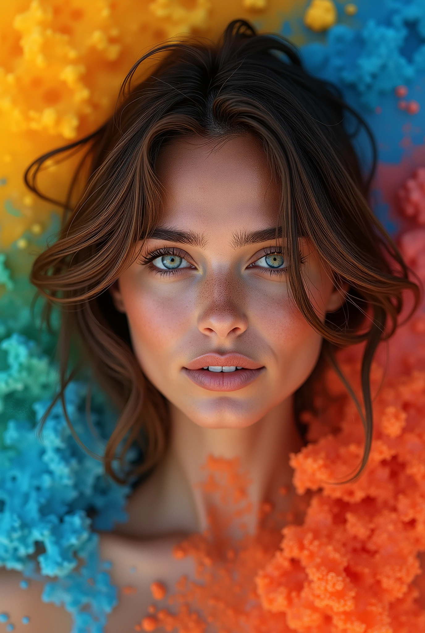 **A beautiful and gorgeous Brazilian model, with honey-colored eyes and loose brown hair, immersed in the center of a mixture of liquid paints in no particular order, but which create a spectacular, unique and brilliant background**