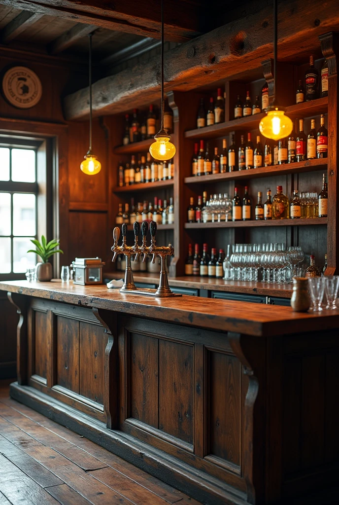 Old pub wooden bar with beer taps background with spirit optics and glasses on a shelf and another shelf with wine bottles