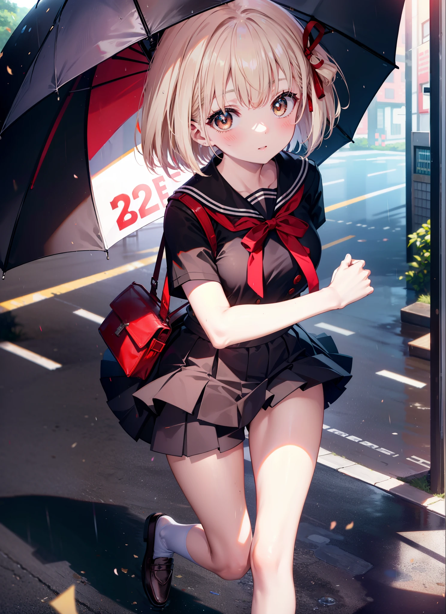 Nishikigi chisato, short hair, bangs, Blonde, (Red eyes:1.5), Hair Ribbon, One side up, Bobcut,smile,blush,Open your mouth,Black Sailor Suit,Black pleated mini skirt,Black pantyhose,Brown Loafers,walk,On the way to school,Holding the umbrella grip with both hands,rain,Cloudy,Wet road surface,whole bodyがイラストの中に入っていくように,
break outdoors, Residential Street,
break looking at viewer, whole body,
break (masterpiece:1.2), Highest quality, High resolution, unity 8k wallpaper, (shape:0.8), (Fine and beautiful eyes:1.6), Highly detailed face, Perfect lighting, Highly detailed CG, (Perfect hands, Perfect Anatomy),