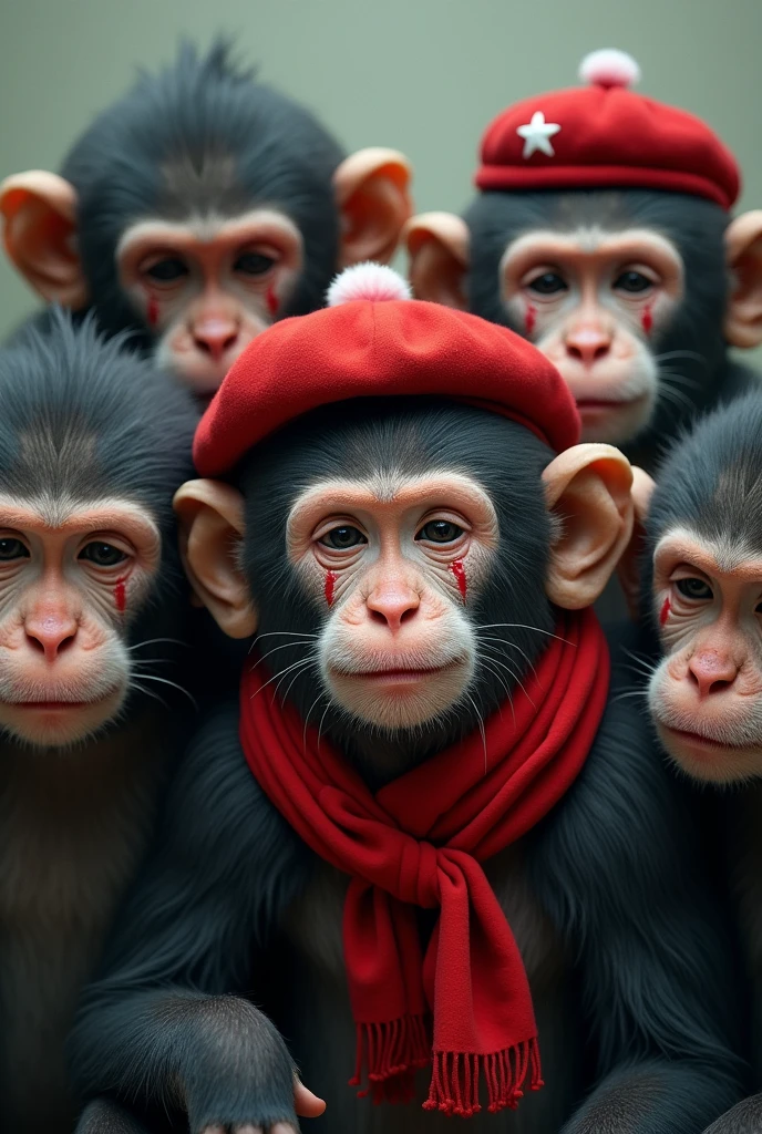 Group of monkeys, crying with tears, the painted clown face, round clown nose, with red beret with 1 white star, and a red scarf around his neck.