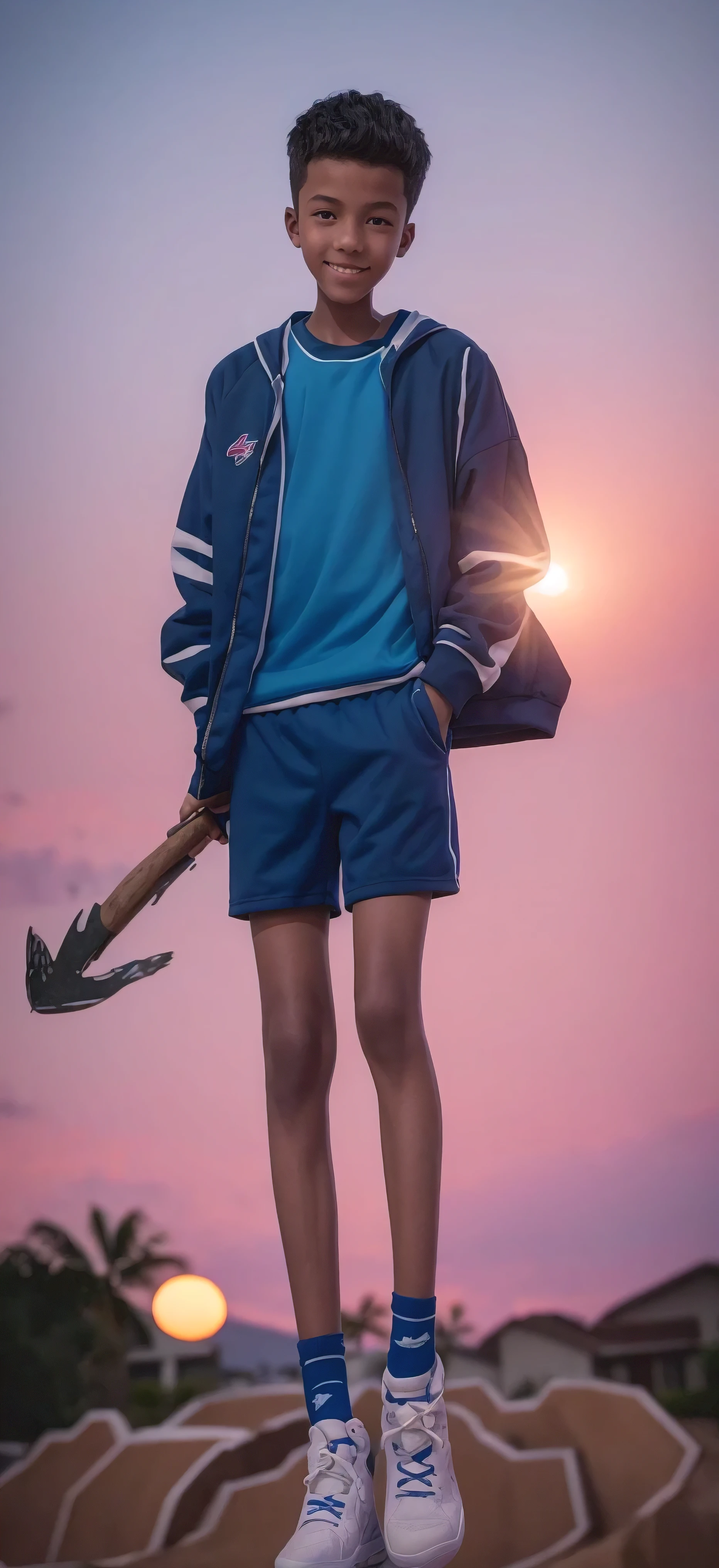 fourteen year old boy，Blue sports shorts，Colorful tops，High-top board shoes，Big round eyes，Very short hair，Tall and skinny，full-body shot，A junior high school student holding an axe，Toothy Smile，On the court at sunset，best quality，HD Wallpapers