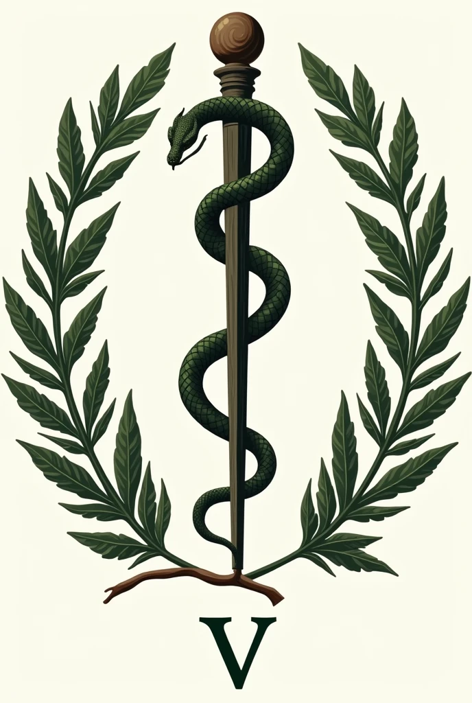 Asclepius: The serpent wrapped around a healing and medicine stick. On the coat of arms of veterinary medicine, a serpente pode aparecer em volta da letra V

Ramos de oak tree e bay leaves: These branches usually surround the main symbol., representing strength (oak tree) and victory (bay leaves).

With the letter V at the bottom.