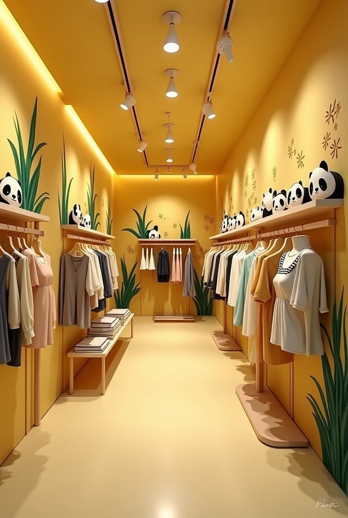 Decoration of a panda-themed clothing boutique with a vanilla yellow background