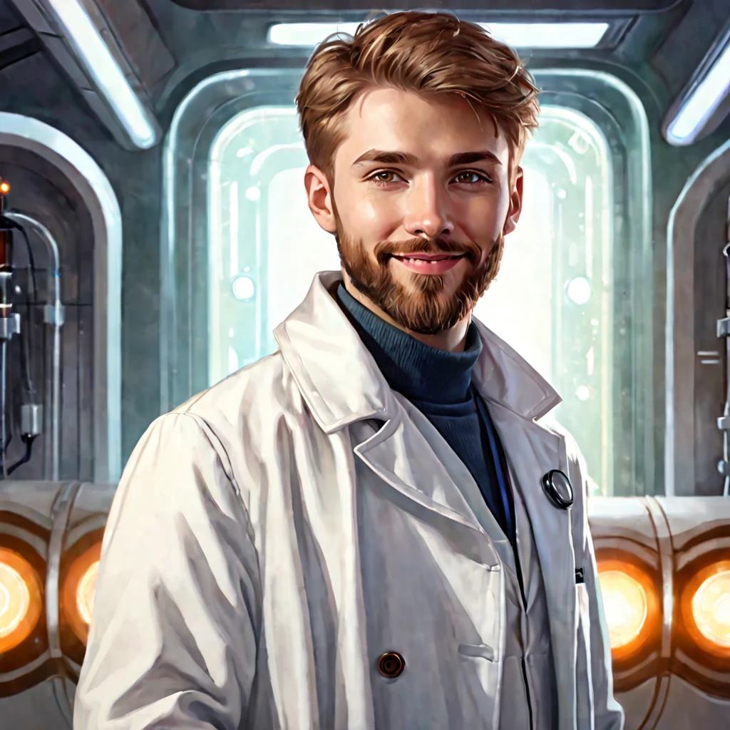 Semi realistic illustration portrait of young man, white, short light brown hair, with amber eyes, with a light beard. Warm and friendly look with a certain shyness in his smile. light beard, white coat dress. Doctor from a science fiction future.