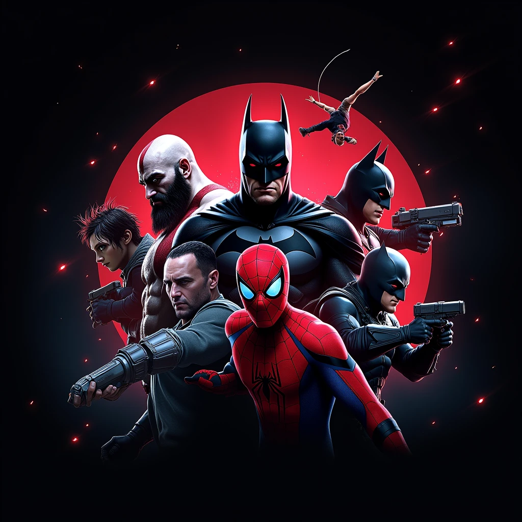 banner para youtube contendo o nome do canal Virtuous Gamers, com personagens de God of War, Black with wukong, spider man, batman, doom