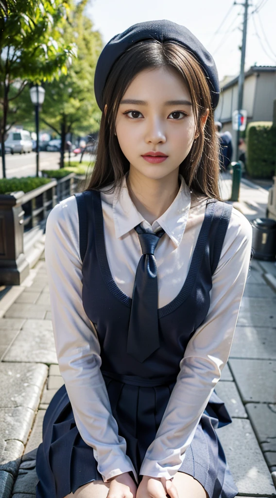 mix4, (16K, Raw photography, Top image quality, ​masterpiece: 1.45), (realisitic, Photorealsitic: 1.37), one girls, 7.5 head body、Standing Pose, cute little, A city scape,, profetional lighting, photon maping, School building with street trees, physically-based renderingt, Gradient dark brown hair,, a handsome, Well-groomed and beautiful eyes、double eyelid、girl with, (((student clothes、Long sleeve shirt worn by Japan high school girl、Navy blue vest、Ribbon-shaped tie、Dark blue over-the-knee skirt, Navy Blue Beret、Dark blue knee-high socks、Black loafers))), Top Quality Photos, hight resolution, 1080P, (clearface), (Detailed face description), (Detailed hand description), (​masterpiece), (Exquisite CG)、extreme light and shadows、dishevled hair、master work、abundant detail、(Fine facial features)、(top quality photo)、(masuter piece)、(A detailed eye)、Look in front of you、Fine clavicle、((Slender Big))、(((Japan schoolgirl wears a long-sleeved shirt)))、((Sexy Idol System))、((Sidewalk with street trees))、(Shooting from random perspectives)、(((Anyway cute)))、earrings、(A big smile:0.6)、Drawing the whole body from the knees、Do not draw nasolabial folds、(((High school girl with neat Japan)))、(Big breasts that hang down big:1.1)、Big buttocks with tension、Two arms and two legs、(((from the front side:0.2)))、bare hand、
Wearing glass heells