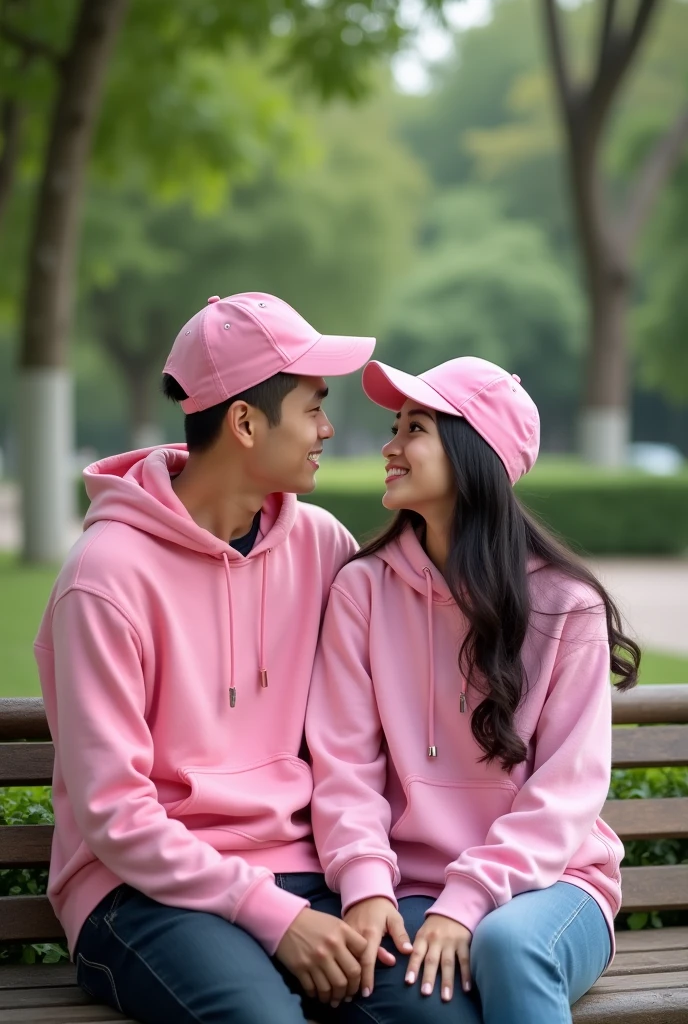A pair of Indonesian lovers, clean faces, wearing hoodies pink color wearing baseball caps, sitting on a park bench, super HD photography, sophisticated camera 