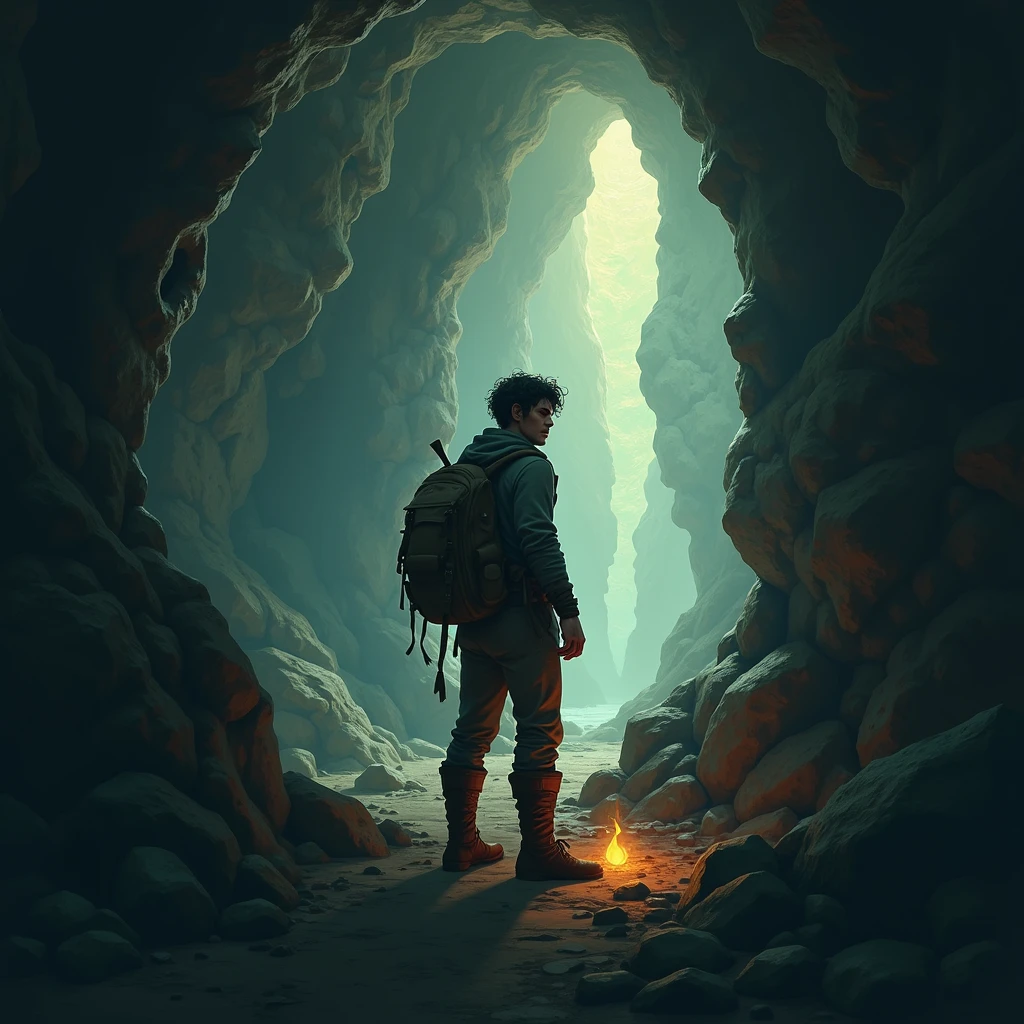 Inside a hidden cave, Kael discovers a glowing magical artifact, his light illuminating the dark cave around him."
