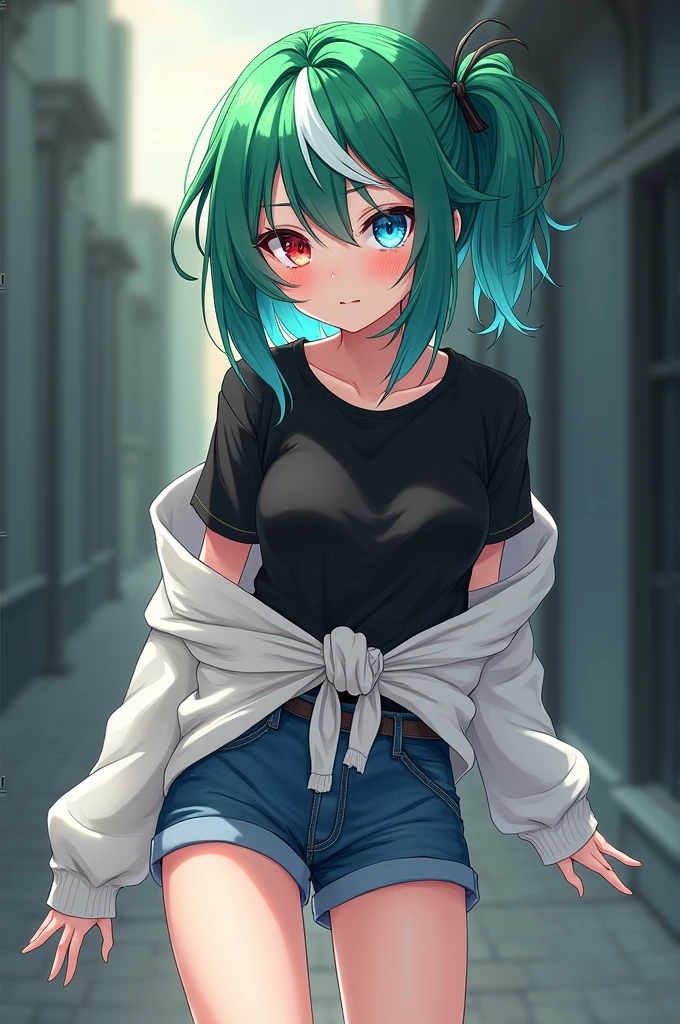 Anime girl with green hair with a white streak and blue and red eyes and a black shirt with a white sweater around her waist and short shorts and tennis shoes