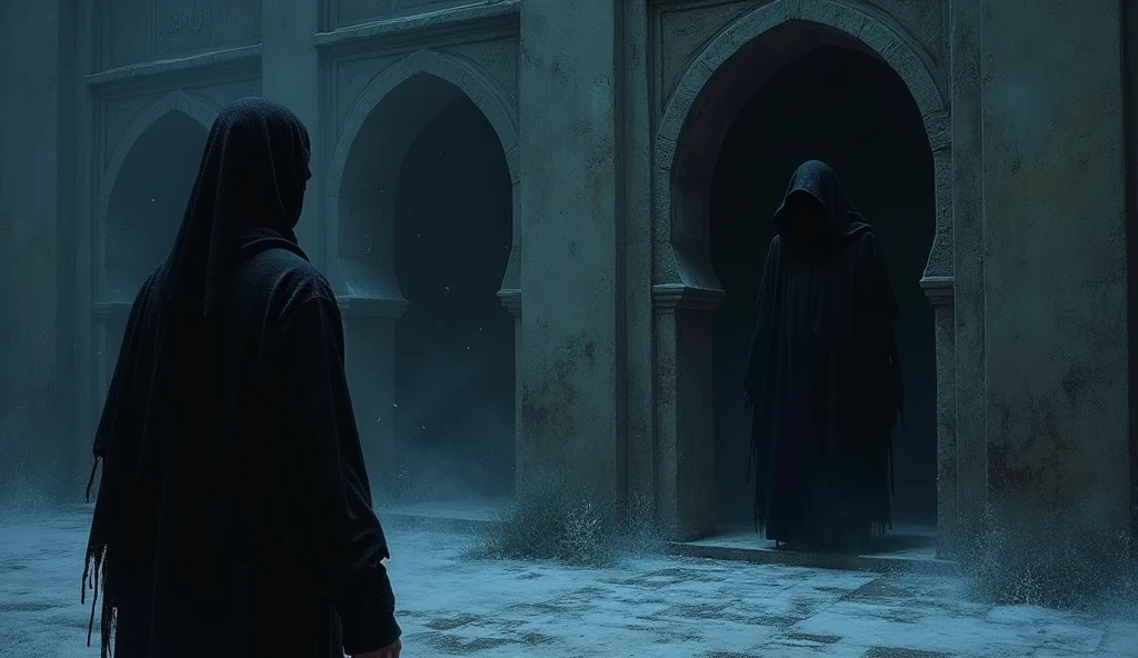 (Horror story title : Night behind the door of the old mosque)
Scene 7: Mysterious Figure at the Door - Picture of Hasan looking towards the mosque door after finishing prayers, and saw a tall figure in a black robe with a covered face standing there.
- The figure looks silent, but his presence brought a piercing cold.