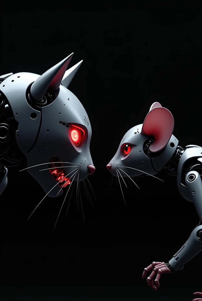 face of a robotic cat and mouse with a black background