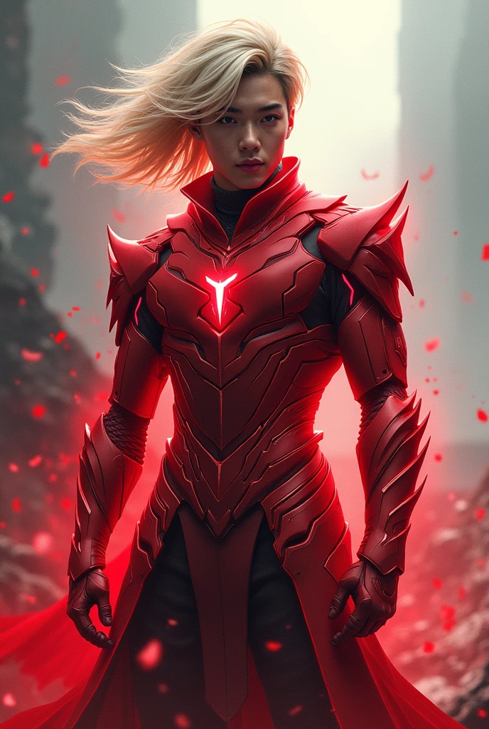 Create a man with blond hair and keipop hair with red armor that emanates an aura