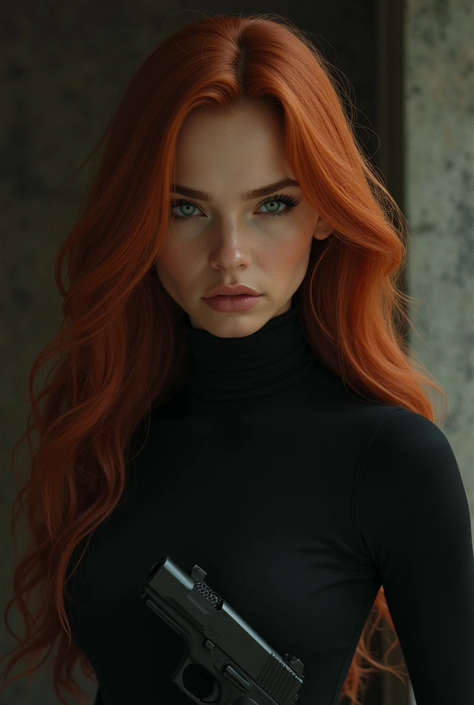 Woman of approximately 2, with long copper-colored hair, green eyes, dressed in black, with a siren and dominant look while holding a gun in her hand. that it be as realistic as possible