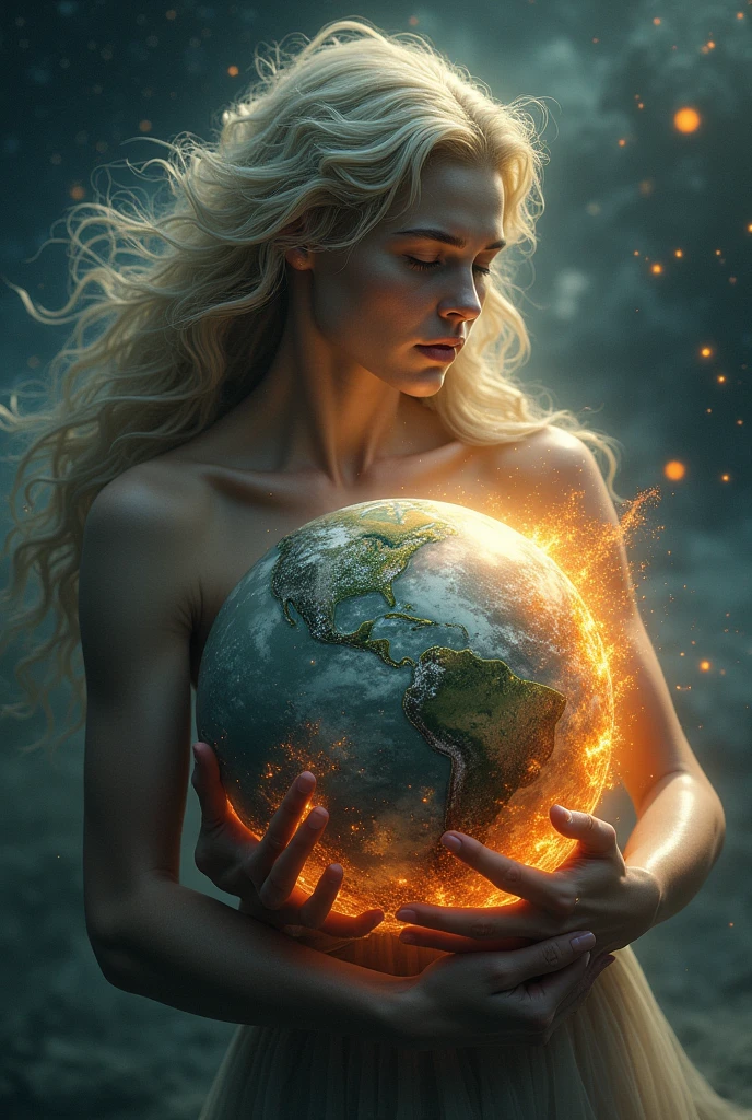 ultra realistic image of mother earth gaia hugging looking at planet earth, more specifically Brazil, containing the flames of the fires, convey depth