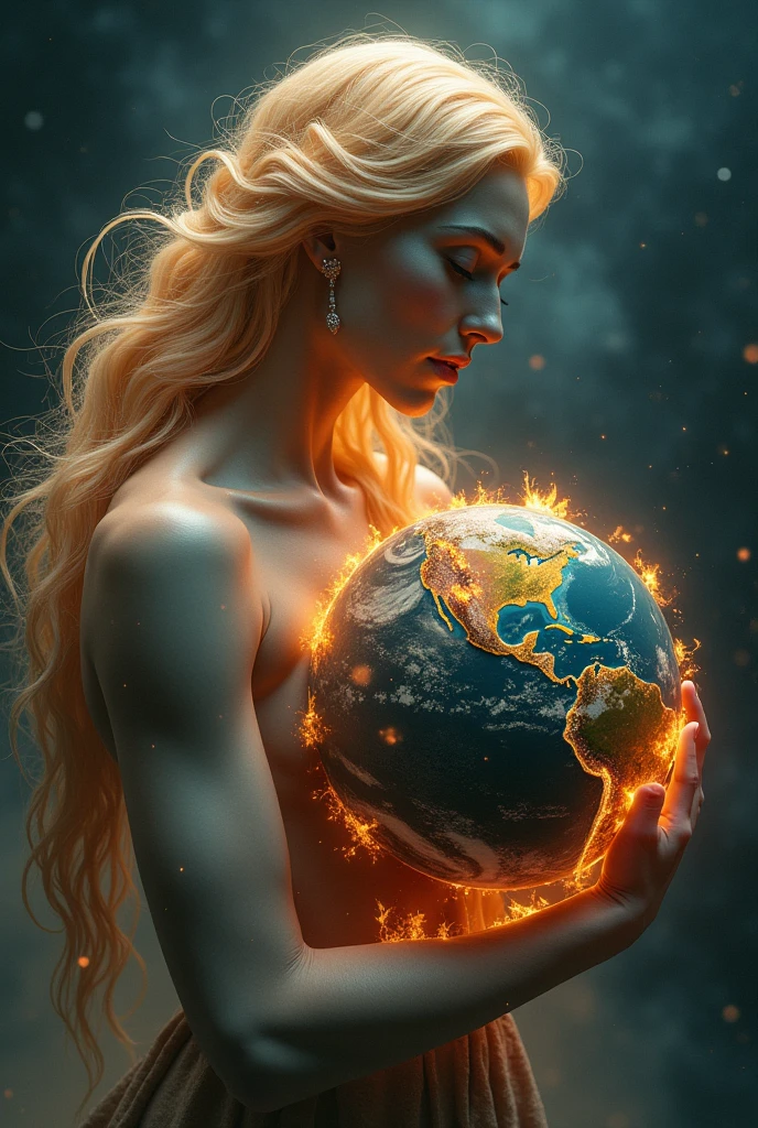 ultra realistic image of mother earth gaia hugging looking at planet earth, more specifically Brazil, containing the flames of the fires, convey depth