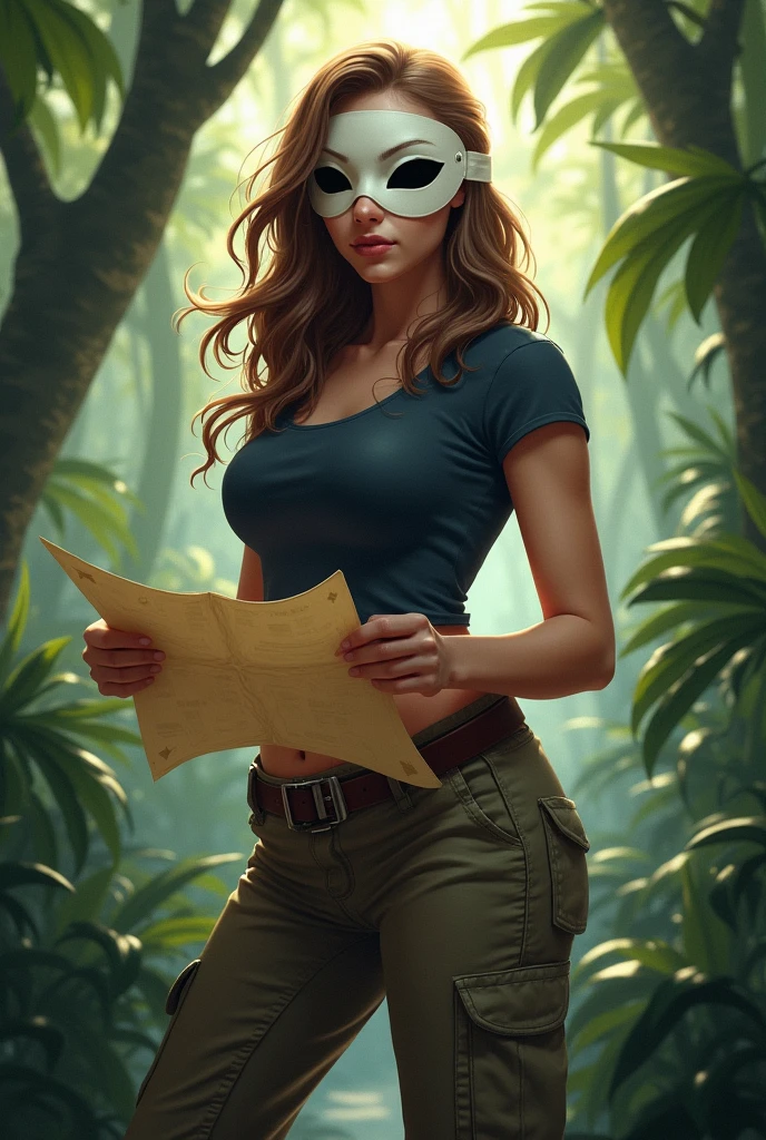 A confident 1 young woman, with wavy light brown hair, Pale skin, brown eyes, curvy hips, wearing black cargo pants and a navy colored tight fitting t shirt, wearing a white mask that covers the whole face, with long black diamonds as the eyes on it, standing in the jungle, holding a treasure map