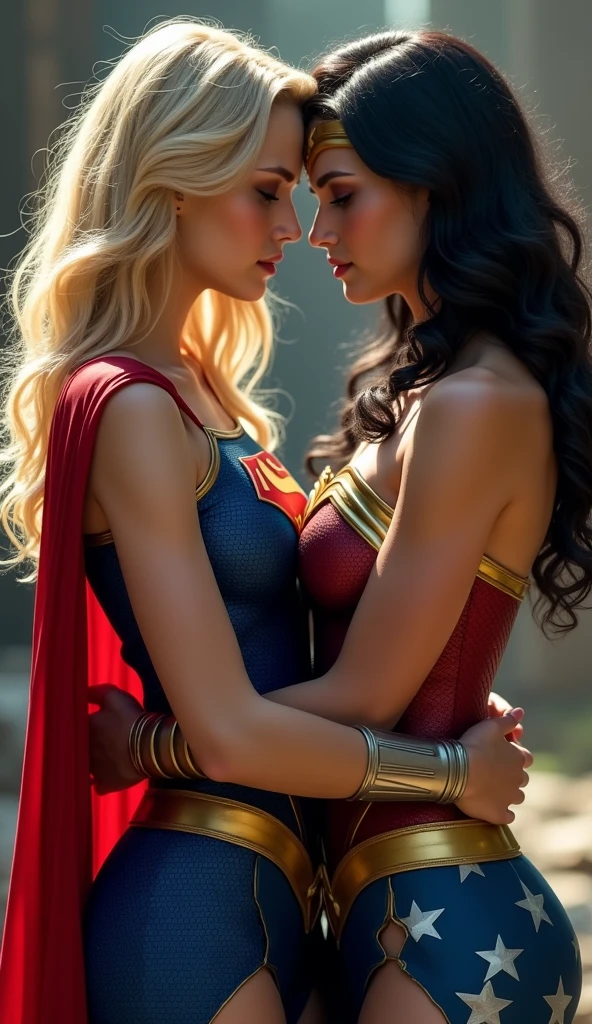 A very beautiful blonde Supergirl and a very beautiful brunette Wonder Woman are embracing each other。、Looking into the camera, whole body, Looking into the camera, Looking at the camera with teary eyes