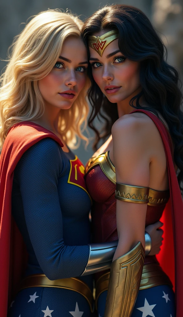 A very beautiful blonde Supergirl and a very beautiful brunette Wonder Woman are embracing each other。、Looking into the camera, whole body, Looking into the camera, Looking at the camera with teary eyes