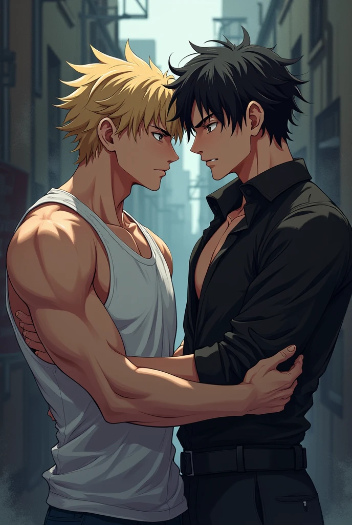 Blonde guy (Aleo) and Black hair guy (Julian) is fighting, but julian is more dominant [bl anime style]