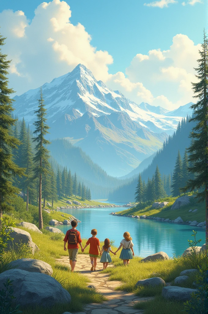 This photograph shows a landscape. In the background You can SEE the montains. In the foreground You can SEE three persons walking through the Nature. In the Center You can SEE a river along the imagen. They appear to be happy. It seems to me that a very beautiful image 
