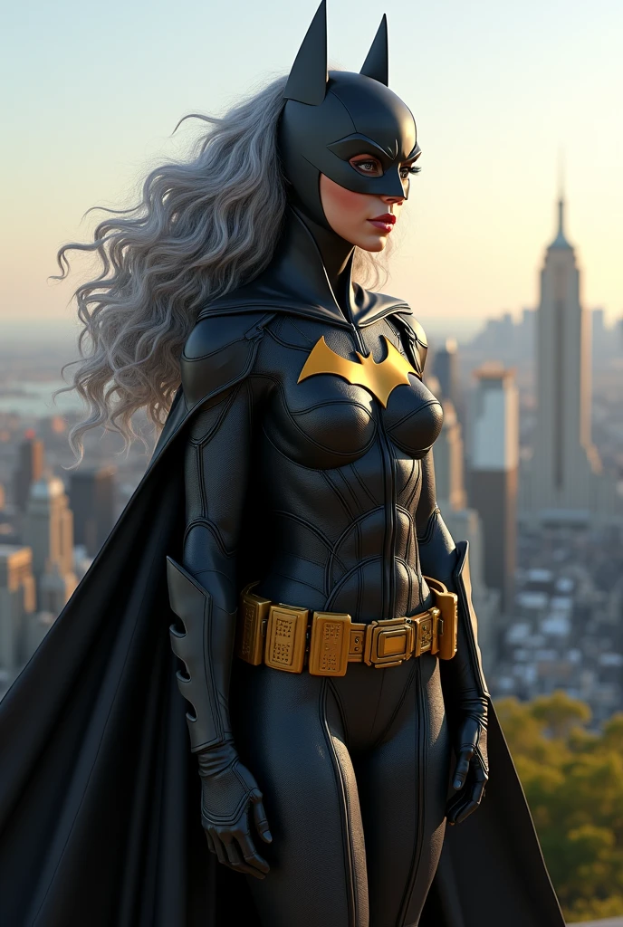 A beautiful youthful looking Hispanic version of a gray haired Ariana Grande as a 50 years old woman with long her completely gray hair in a big curls styles as the superhero batwoman wearing a batwoman costume standing on top of a hill overlooking a big city