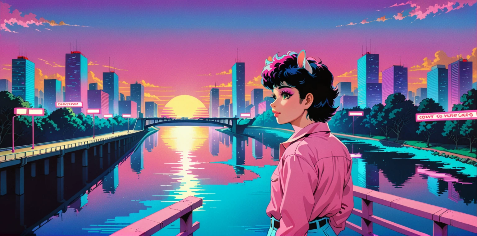 masterpiece, Highest quality, Beautiful attention to detail, Very detailed, In detail, High resolution, Perfect Anatomy, colorful, pastel colour, One person, alone, (City pop illustrations), (City Pop Art), Simple Background, Retro Style, (Vaporwave City Pop), (1980s City Pop), (City Pop Anime), (river, bridge), Retro Style, 1980s Fashion, Cowboy Shot,