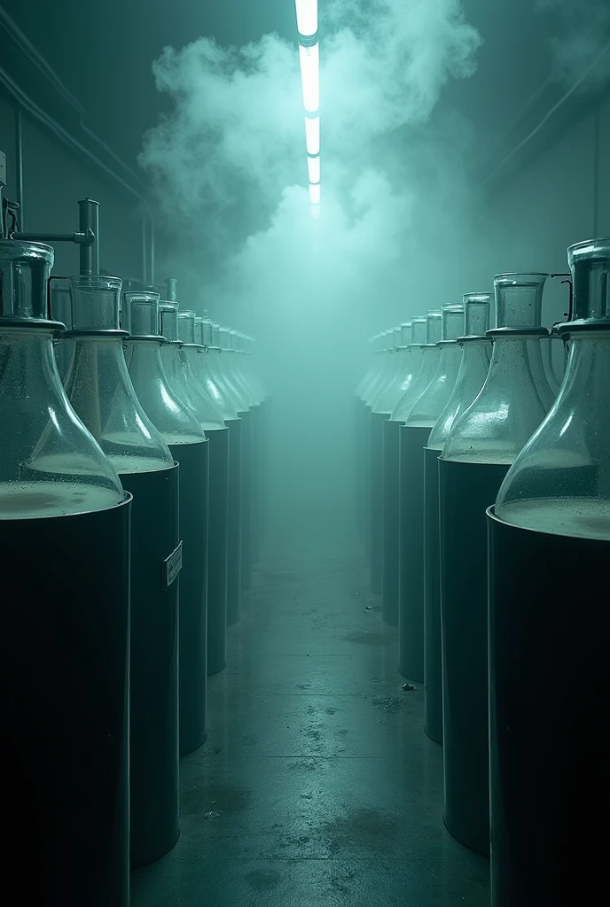 editorial photography,super detailed background,Super realistic,double exposure,depth of field,beauty super slender skinny vides,soft focus darkness tone,narrative scene,A dimly lit lab where immoral and contraindicated experiments are conducted,Toxic colored smoke fills the floor,A number of huge culture tanks are lined up,