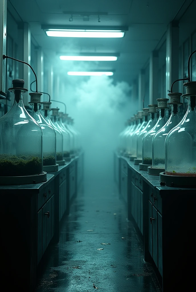 editorial photography,super detailed background,Super realistic,double exposure,depth of field,beauty super slender skinny vides,soft focus darkness tone,narrative scene,A dimly lit lab where immoral and contraindicated experiments are conducted,Toxic colored smoke fills the floor,A number of huge culture tanks are lined up,
