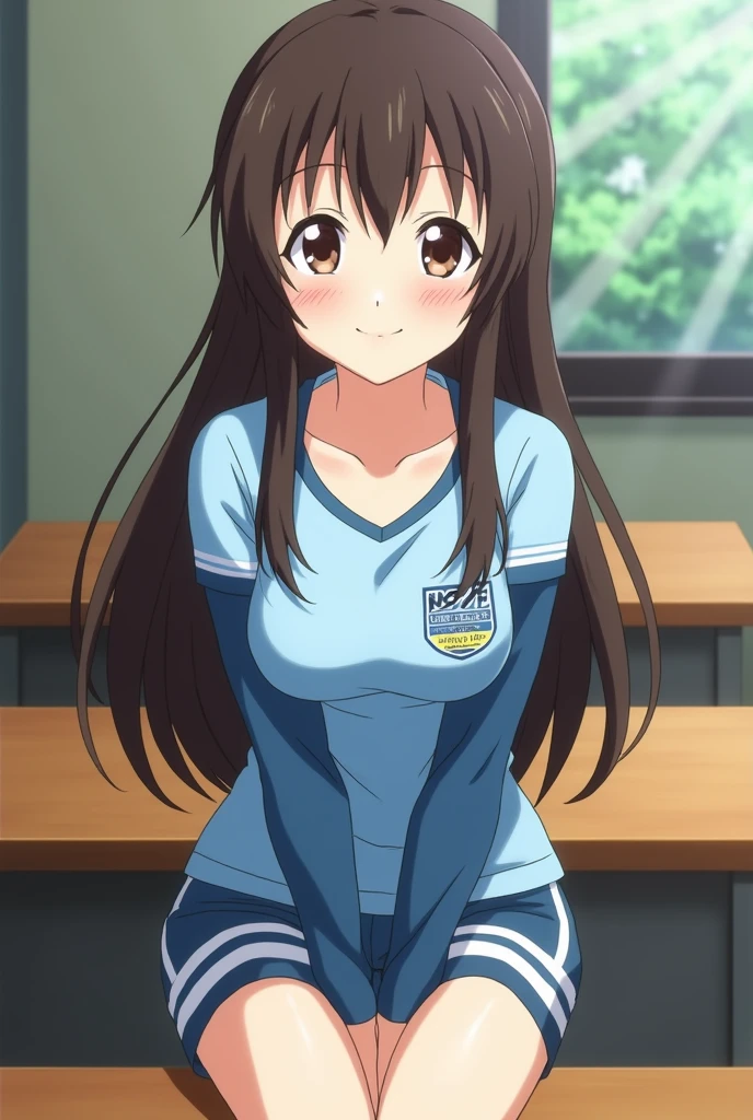 Assassination Classroom screenshot a white girl, dark brown eyes, long, slightly wavy hair, long eyelashes, He is wearing a physical education uniform that has blue sleeves and a light blue shirt and blue shorts., She is sitting on a desk with a smile, animation style: anime, very pretty and looks sweet