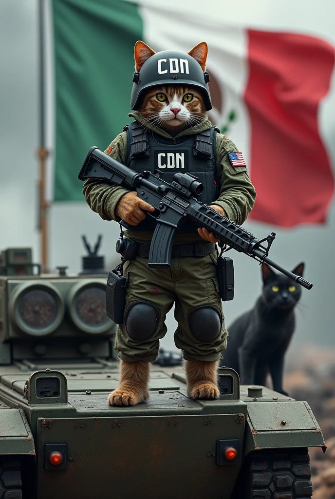 A cat with an AK in his hand, a bulletproof vest with the letters CDN, a modern military helmet and camouflage clothing on top of a narco tank with a beret, seen with the flag of the Cartel del Noreste and a black and white cat, a black cat behind him, there is a truck with steel plates on the helmet that says CDN and where is the armored truck with steel plates? 
