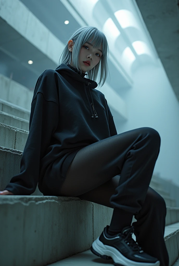 nsfw, masterpiece, Best Quality, hyper Realistic, A mysterious and sophisticated beautiful young gravure Japanese woman with blue eyes wears futuristic and sexy fashion art. sitting focus legs,, from below, Detailed clothing, woman is climbing at a wide angle, with her full body in frame. large Butt, sexy large breasts, slim waist, Her outfit includes see-through BLACK micro under wear with see-through BLACK over sized sweat, adding a minimalist beauty. She accessorizes with futuristic accessories and wears technical sneakers. Her demeanor exudes harmony and striking simplicity, The wear hugs her body tightly, accentuating her curves and digging sensuously into her skin, hyper small head and face, wide and big Duck mouth, half open mouth, perfectly aligned teeth, perfect beautiful wide teeth, Detailed eyes, light blue eyes, half open eyes, shiny Droopy eyes, gray hair, looking other, She is situated within the interior of a futuristic colony, with mist drifting and steam rising from concrete