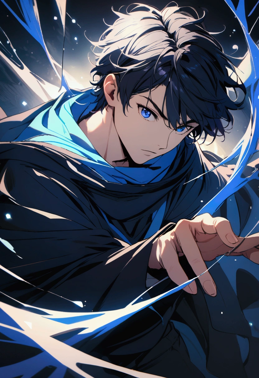 boy with short black hair, dark blue eyes, wizard school clothes, black and blue coloring