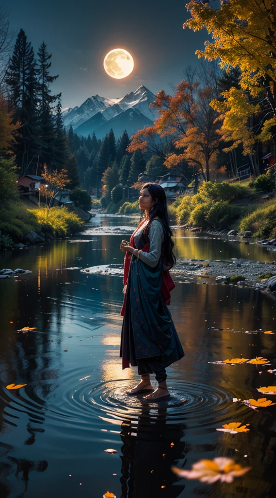 dynamic painting of the iconic Chinar tree grooves, from Kashmir, with their maple-like leaves, cast a mesmerizing glow. The saffron fields of Pampore come alive, and the Dal Lake reflects the changing hues of the majestic mountains, great art, great sense of depth, ground level shot, leaves shining through rainwater, moon\(pale blue\) with a light overcast, solo, beautiful 1 Indian woman\(ancient Indian Royalty, beautiful light Kashmiri wear, beautiful long black hair\) looking up at the moon, solemn, lonely, as it rains softly, fireflies flying around, long shot